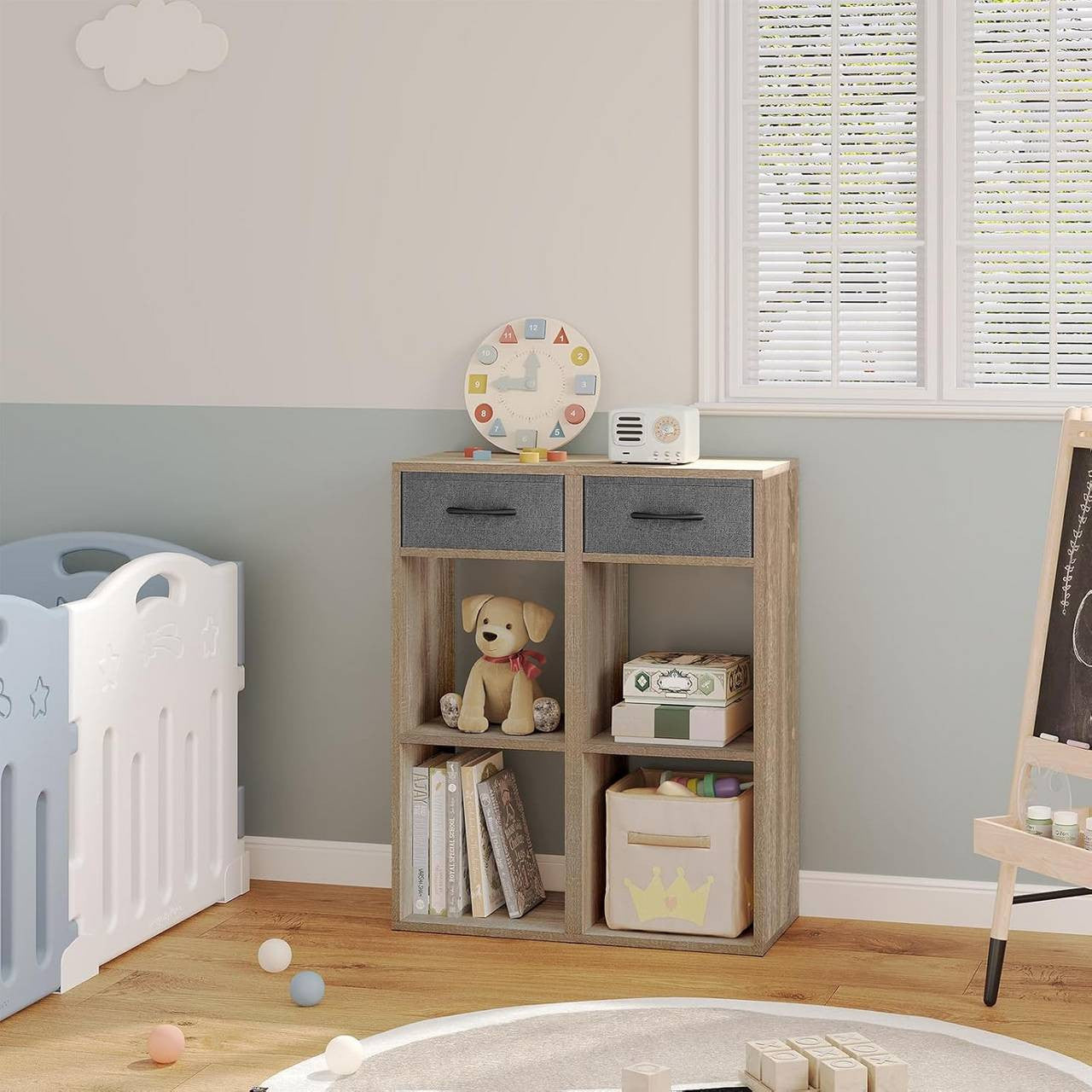 24goodz Bookcase with 3 Levels, 1 Fabric Drawer, 2 Cubes - Space-Saving Design - E1 Wood Material - For Home & Office - Light Oak