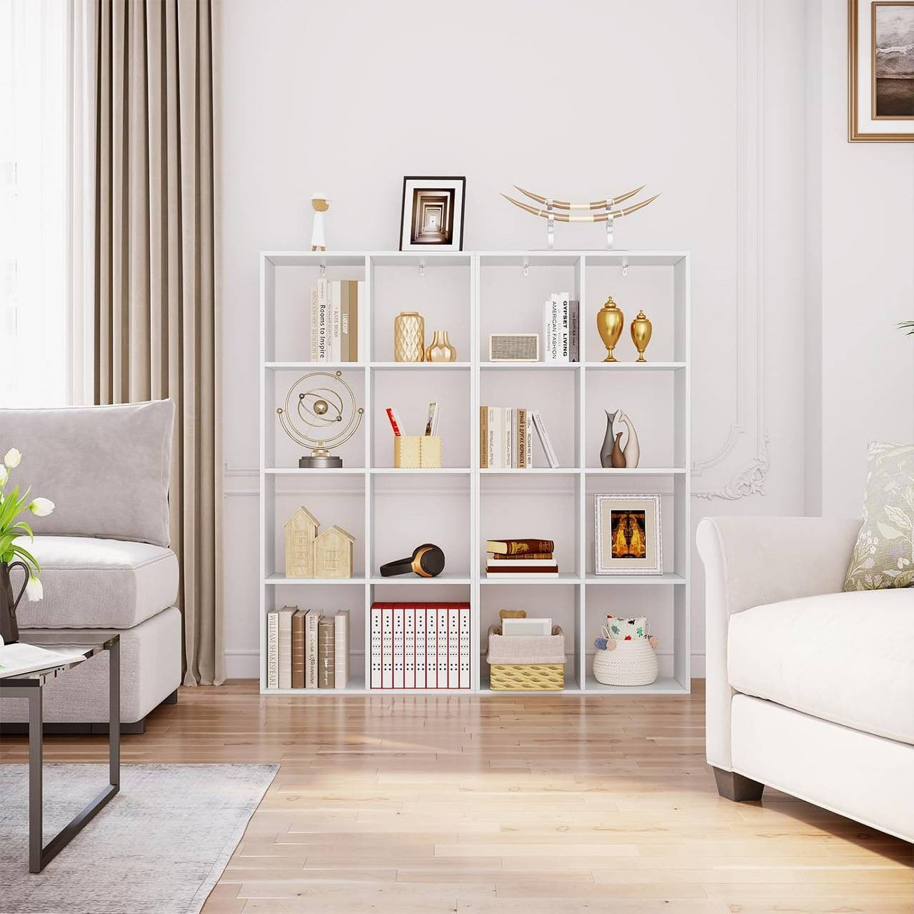 24goodz Bookshelf with 4 Levels and 8 Compartments - Ample Storage Space - E1 Wood Material - White - 71x141x29 cm