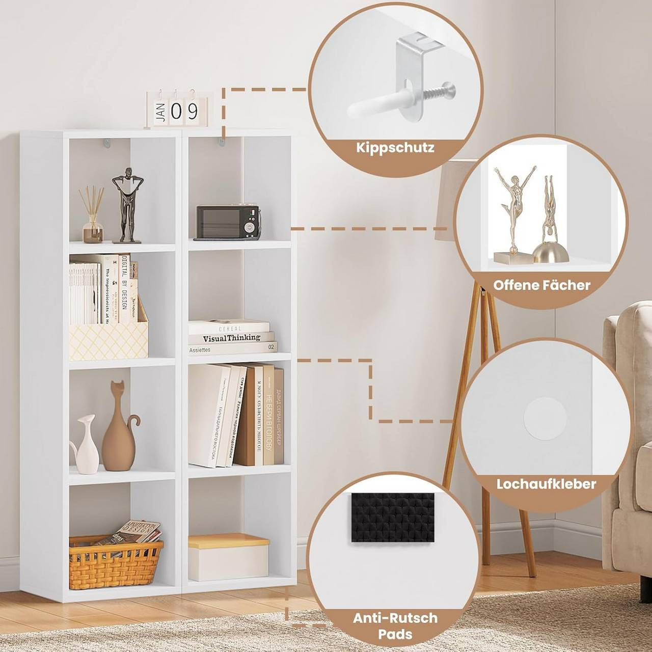 24goodz Cube Shelf with 4 Levels - Spacious Storage Solution - Melamine Faced Wood - For Home & Office - White/Oak