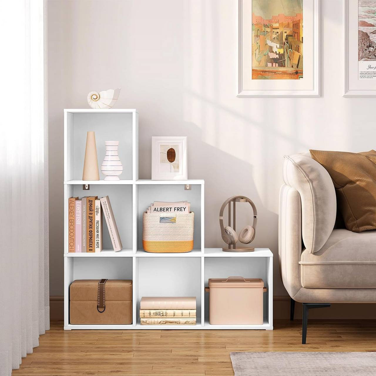 24goodz Cube Bookshelf with 6 Compartments - Sturdy and Stable Design - Melamine Coated Wood - For Home Organization - White/Oak