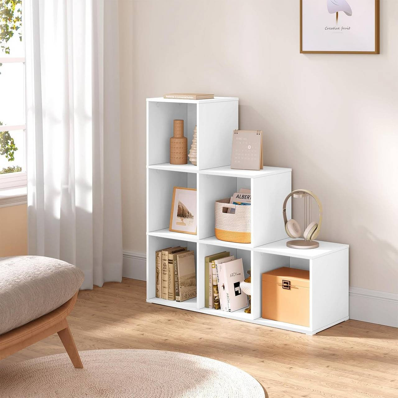 24goodz Cube Bookshelf with 6 Compartments - Sturdy and Stable Design - Melamine Coated Wood - For Home Organization - White/Oak