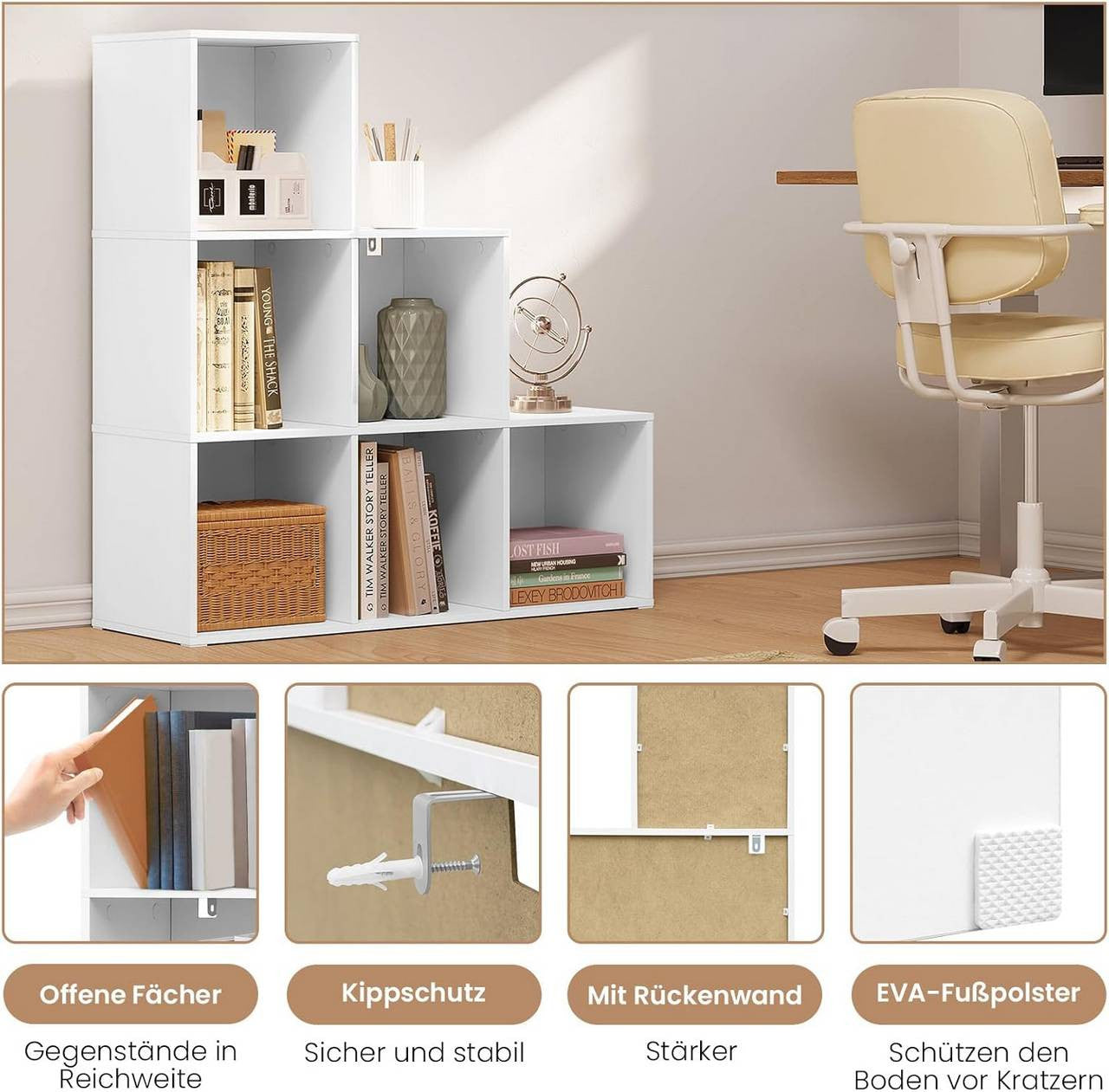 24goodz Cube Bookshelf with 6 Compartments - Sturdy and Stable Design - Melamine Coated Wood - For Home Organization - White/Oak