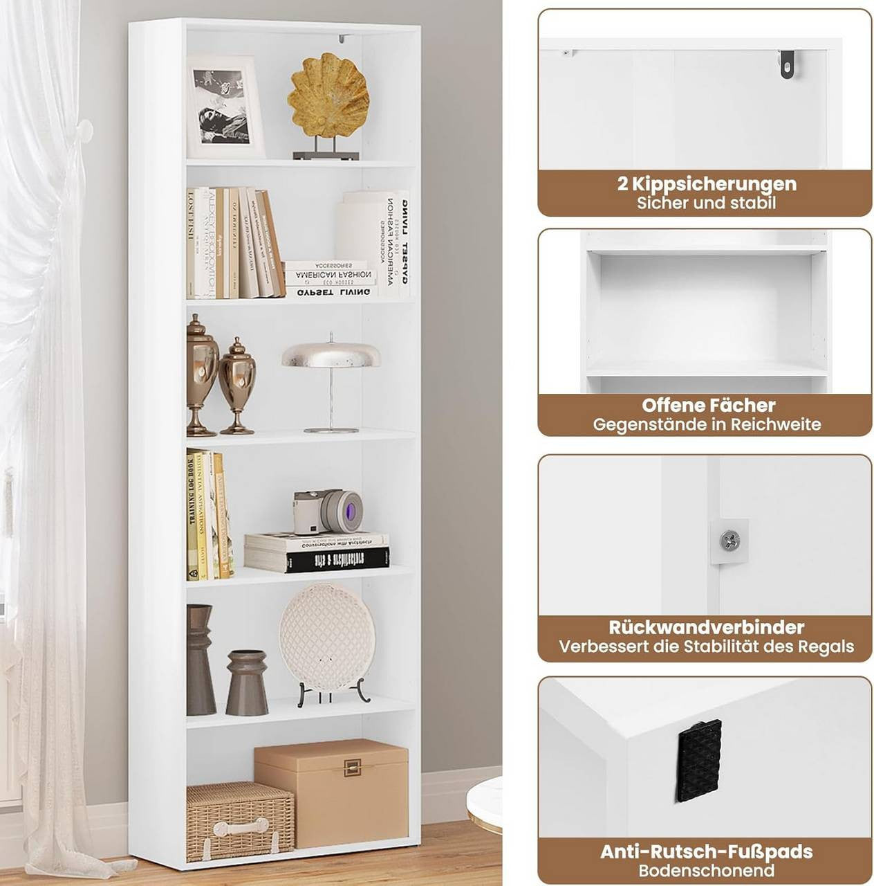 24goodz Bookcase - Ample Storage Space - Modern & Multifunctional - Engineered Wood - For Home & Office - White/Light Oak - 60x180x23.5 cm