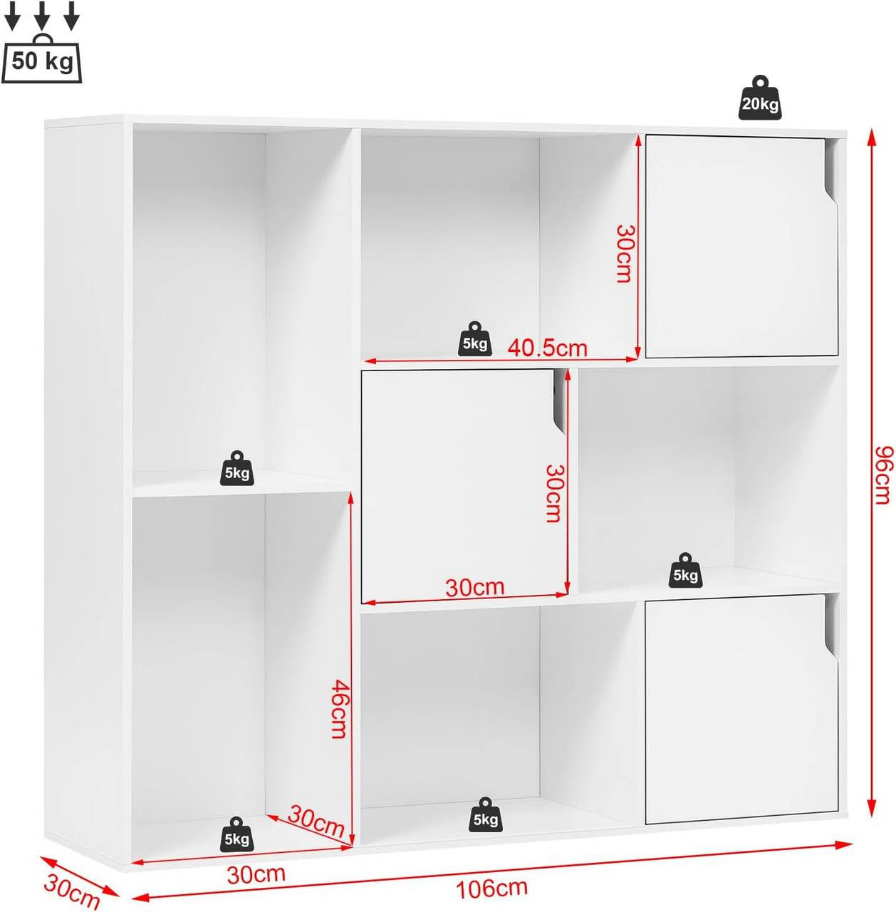 24goodz Bookshelf with 8 Compartments and 3 Doors - Versatile Storage Solution - E1 Wood Material - For Home and Office - White/Rustic Brown - 106 x 96 x 30 cm