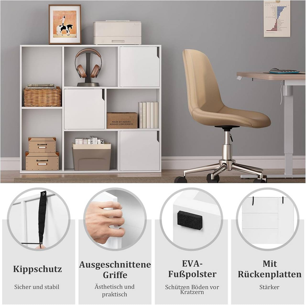 24goodz Bookshelf with 8 Compartments and 3 Doors - Versatile Storage Solution - E1 Wood Material - For Home and Office - White/Rustic Brown - 106 x 96 x 30 cm