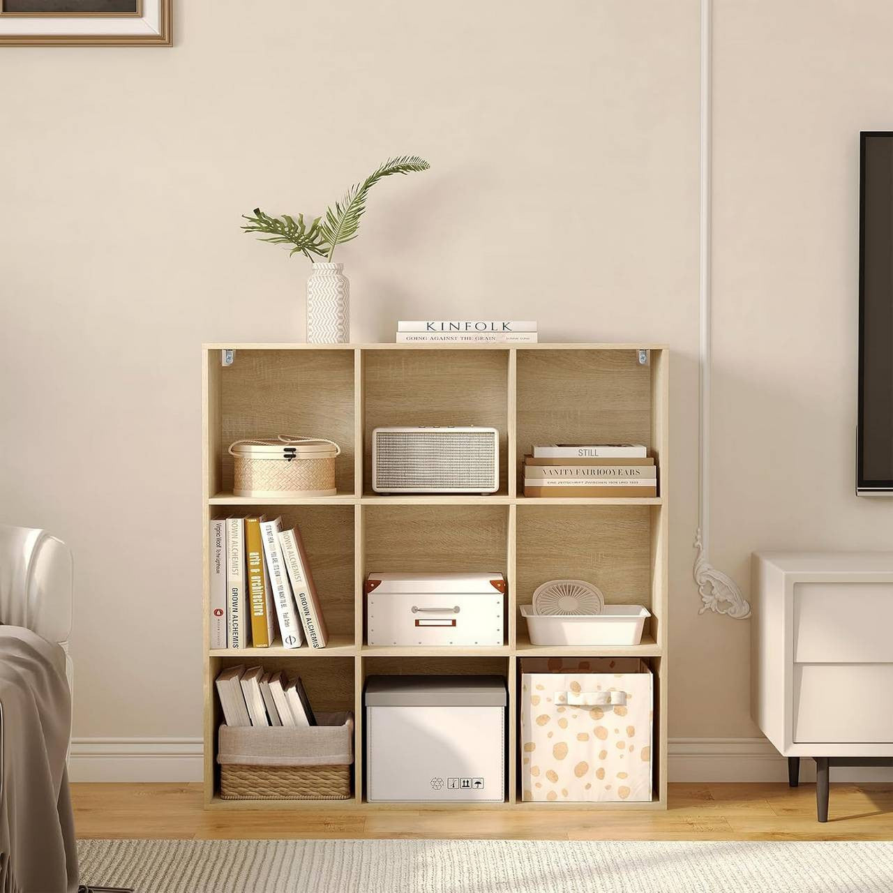 24goodz Open Bookshelf with 9 Cubes - Space-Saving Design - Durable E1 Wood - For Home and Office - White/Light Oak