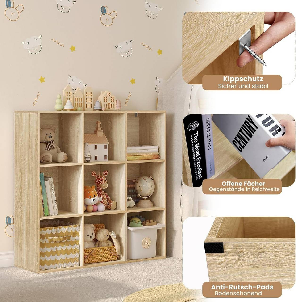 24goodz Open Bookshelf with 9 Cubes - Space-Saving Design - Durable E1 Wood - For Home and Office - White/Light Oak