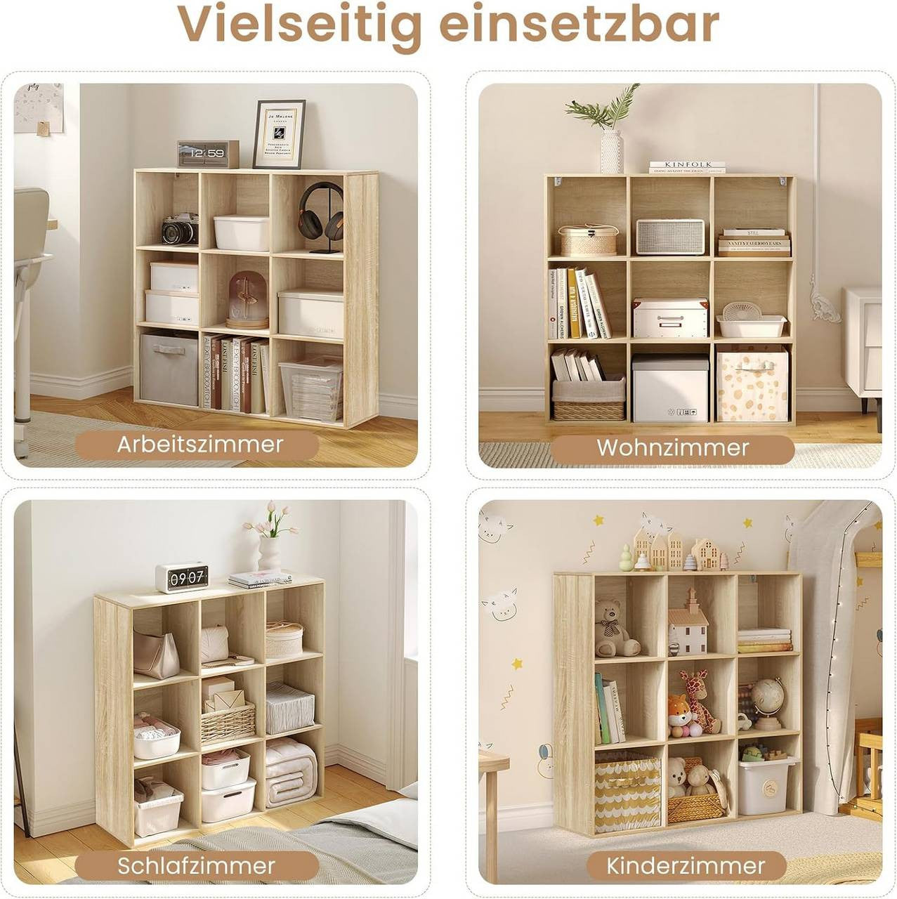 24goodz Open Bookshelf with 9 Cubes - Space-Saving Design - Durable E1 Wood - For Home and Office - White/Light Oak
