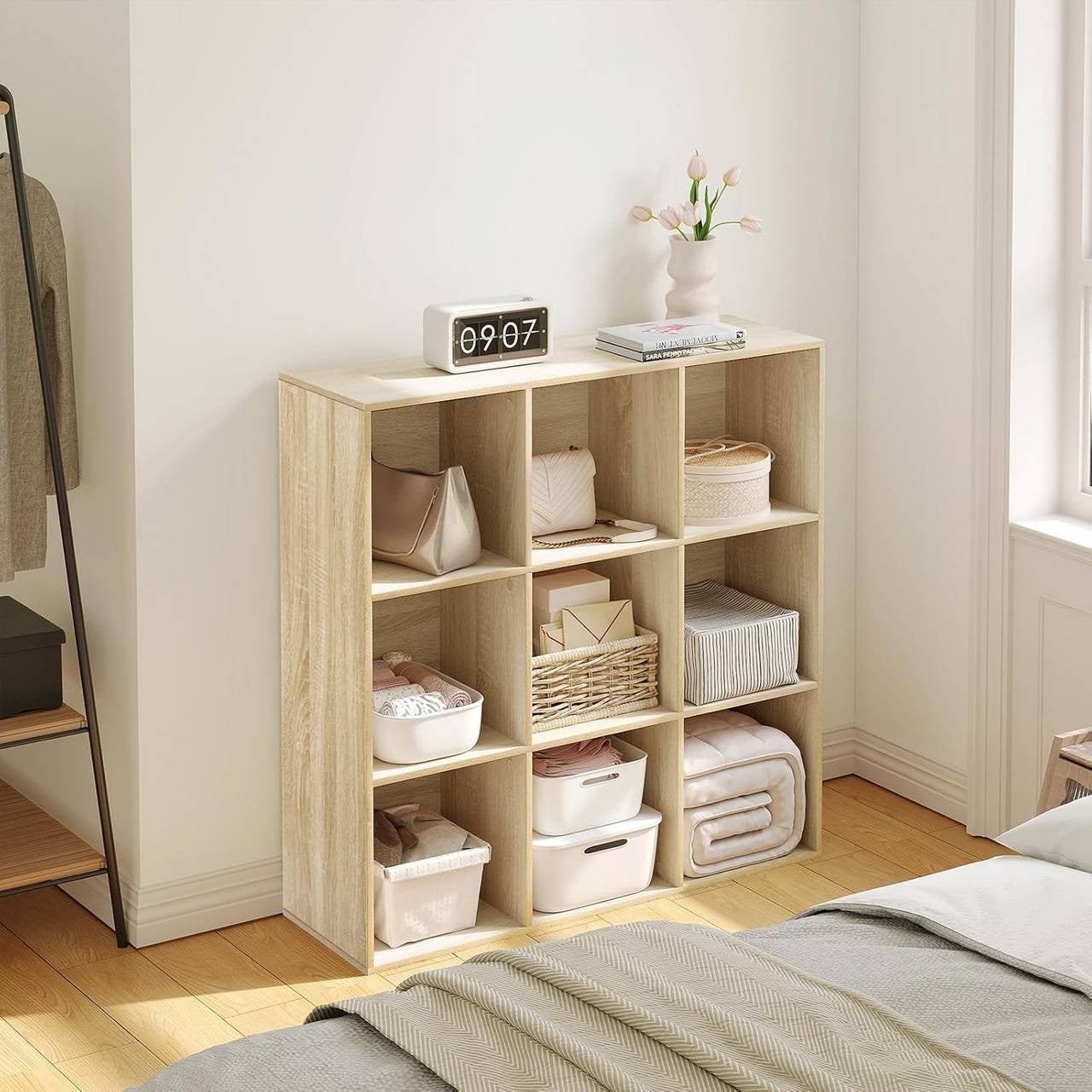 24goodz Open Bookshelf with 9 Cubes - Space-Saving Design - Durable E1 Wood - For Home and Office - White/Light Oak
