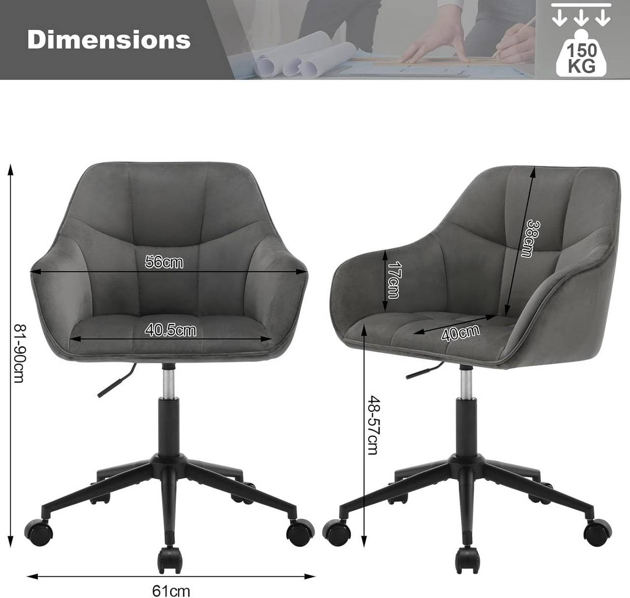 24goodz Ergonomic Office Chair - Stylish & Versatile - Velvet - For Home Office & Makeup - Dark Grey