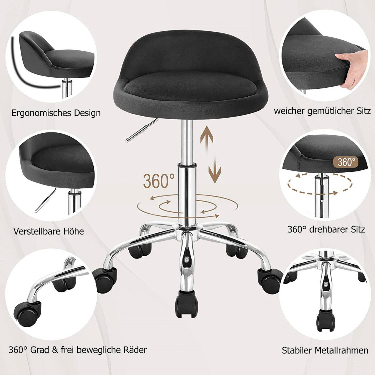 24goodz Adjustable Swivel Stool on Wheels - Comfortable and Stylish - Velvet - For Home Office and Beauty Salons - Dark Grey - dgr