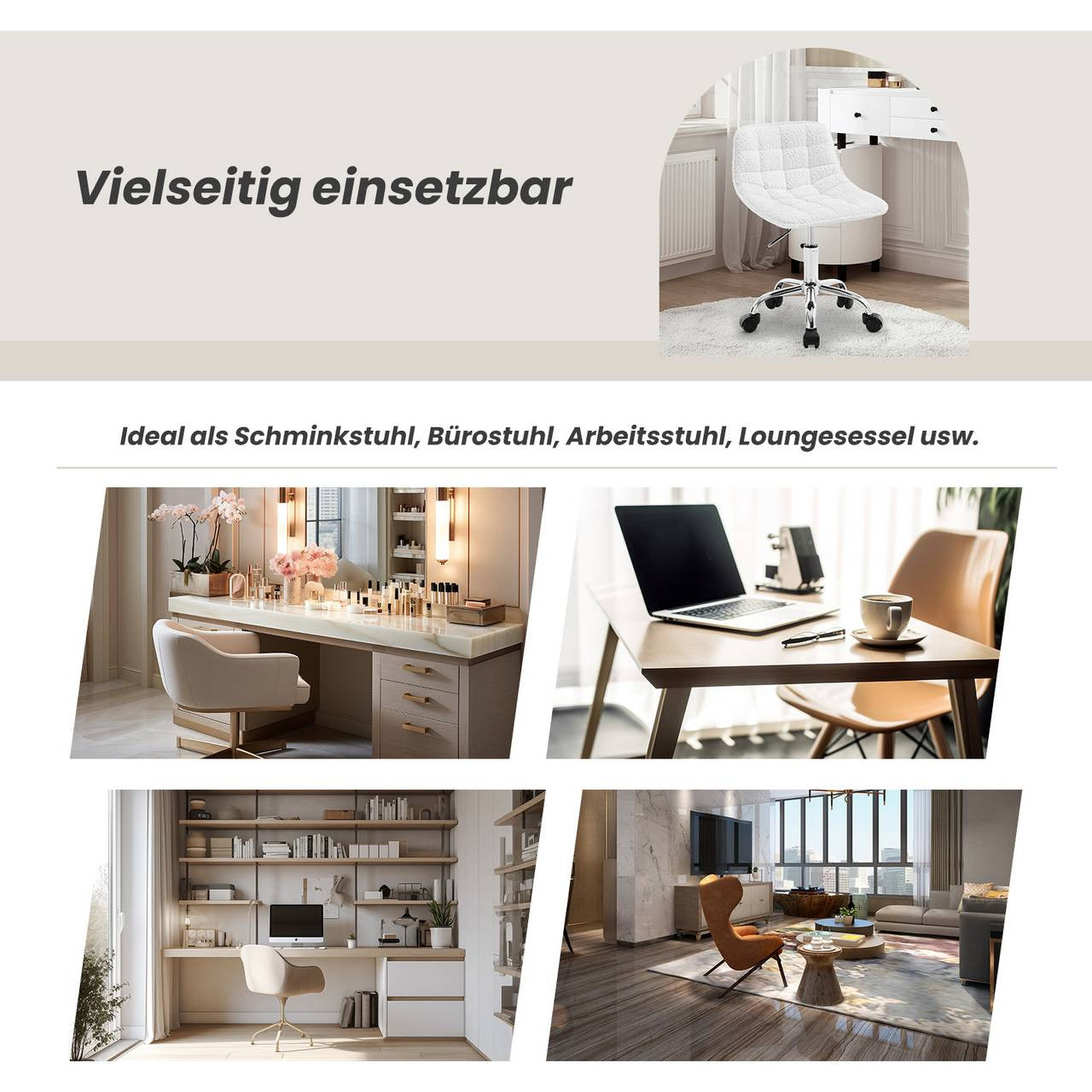 24goodz Ergonomic Office Chair with Wheels - Comfortable Seating - Versatile Design - Chenille - White - 43 x (60-67,5) x 50 cm
