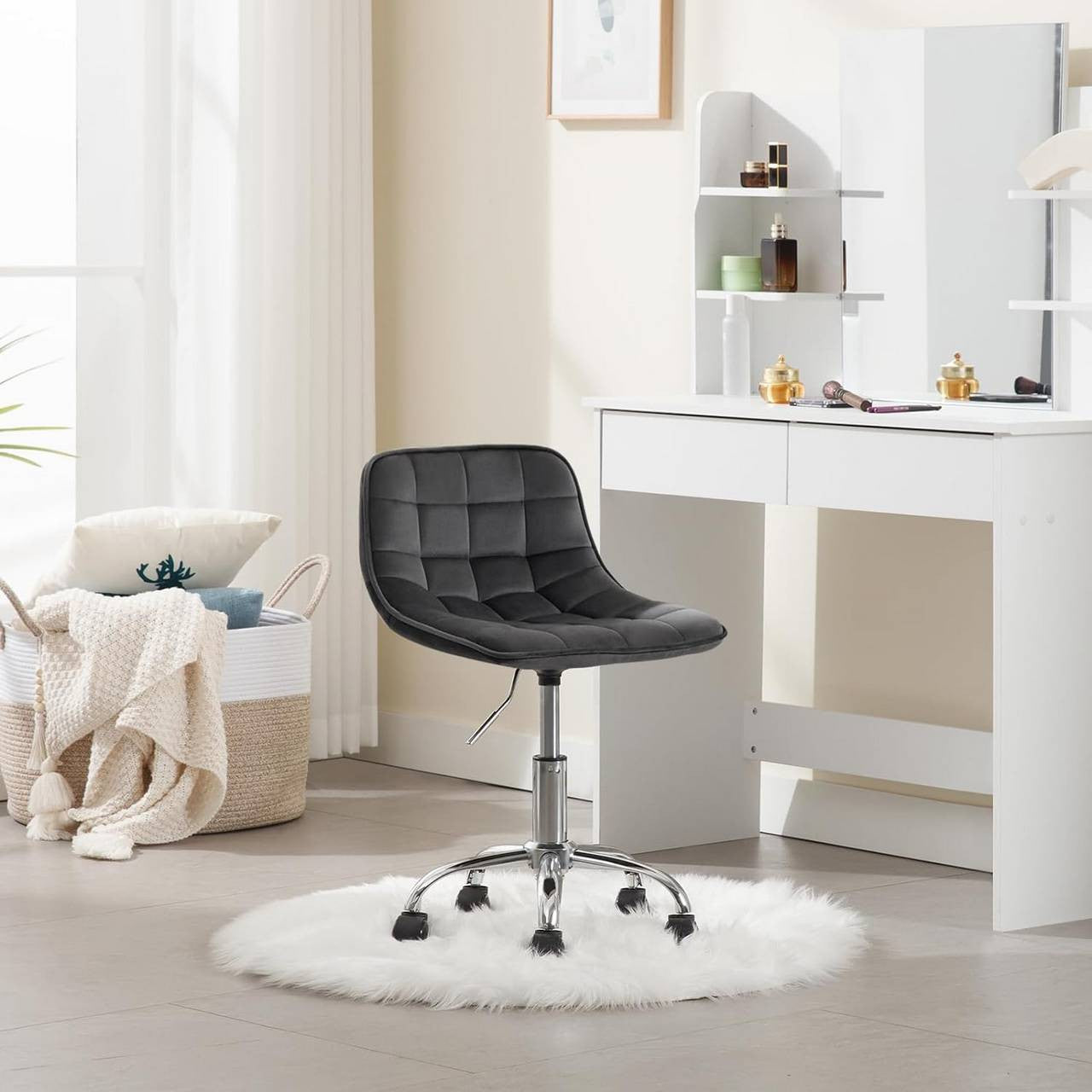 24goodz Velvet Office Stool with Wheels - Ergonomic Design - Comfortable Seating - Velvet - For Home and Office - Dark Grey
