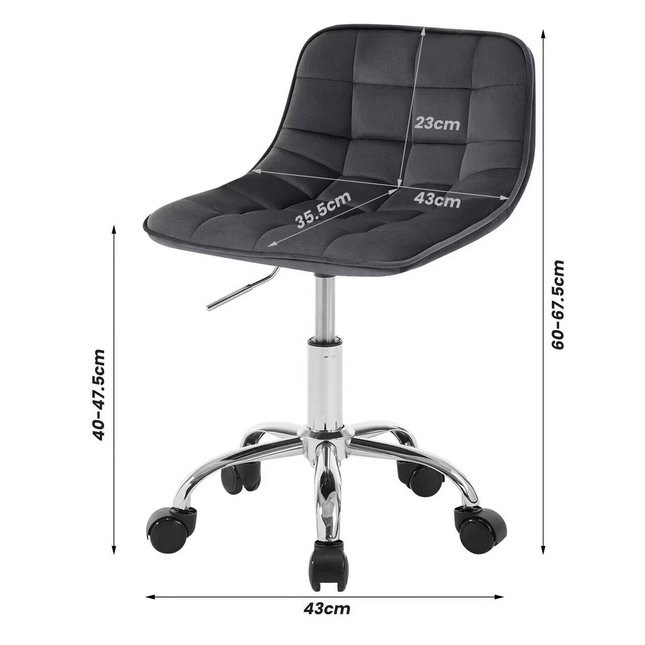 24goodz Velvet Office Stool with Wheels - Ergonomic Design - Comfortable Seating - Velvet - For Home and Office - Dark Grey