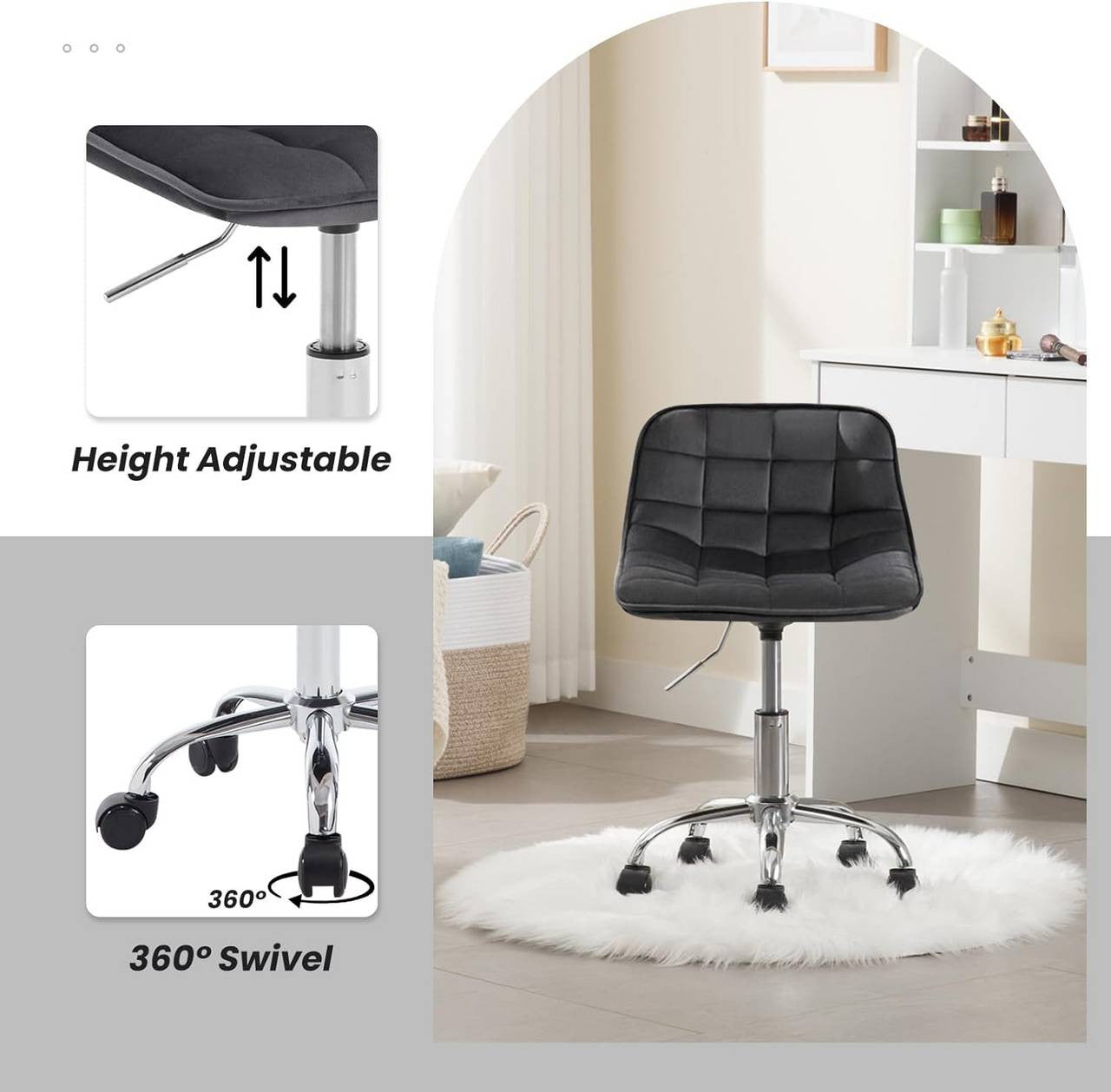 24goodz Velvet Office Stool with Wheels - Ergonomic Design - Comfortable Seating - Velvet - For Home and Office - Dark Grey
