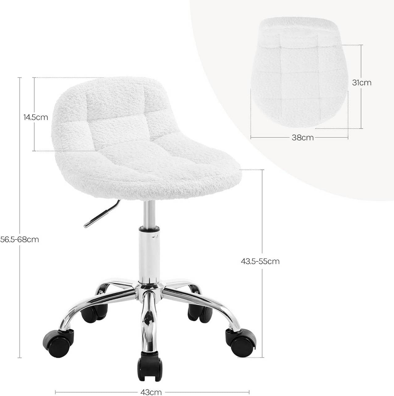 24goodz Adjustable Office Stool with Wheels - Stylish & Comfortable - Ergonomic Design - Chenille - White