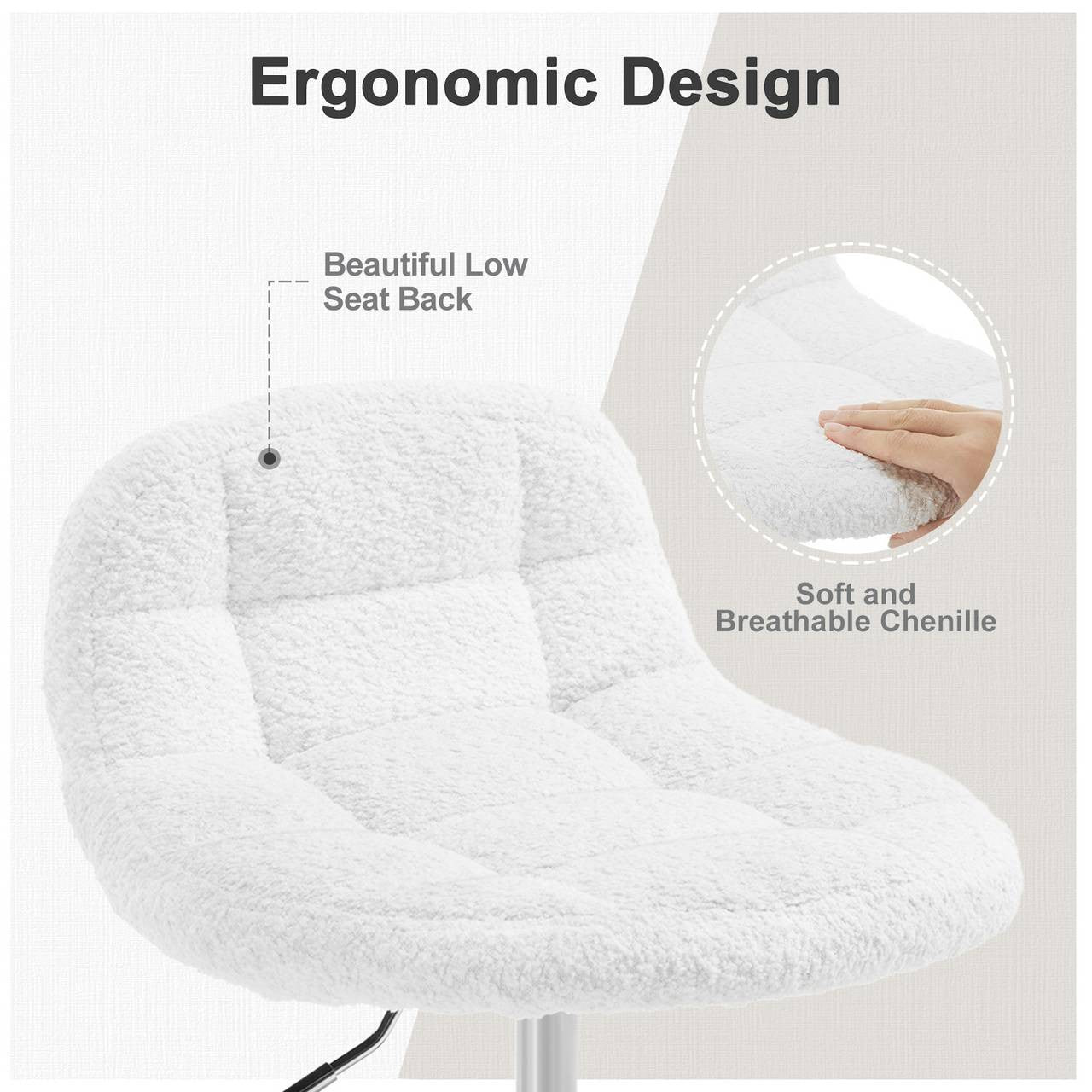 24goodz Adjustable Office Stool with Wheels - Stylish & Comfortable - Ergonomic Design - Chenille - White