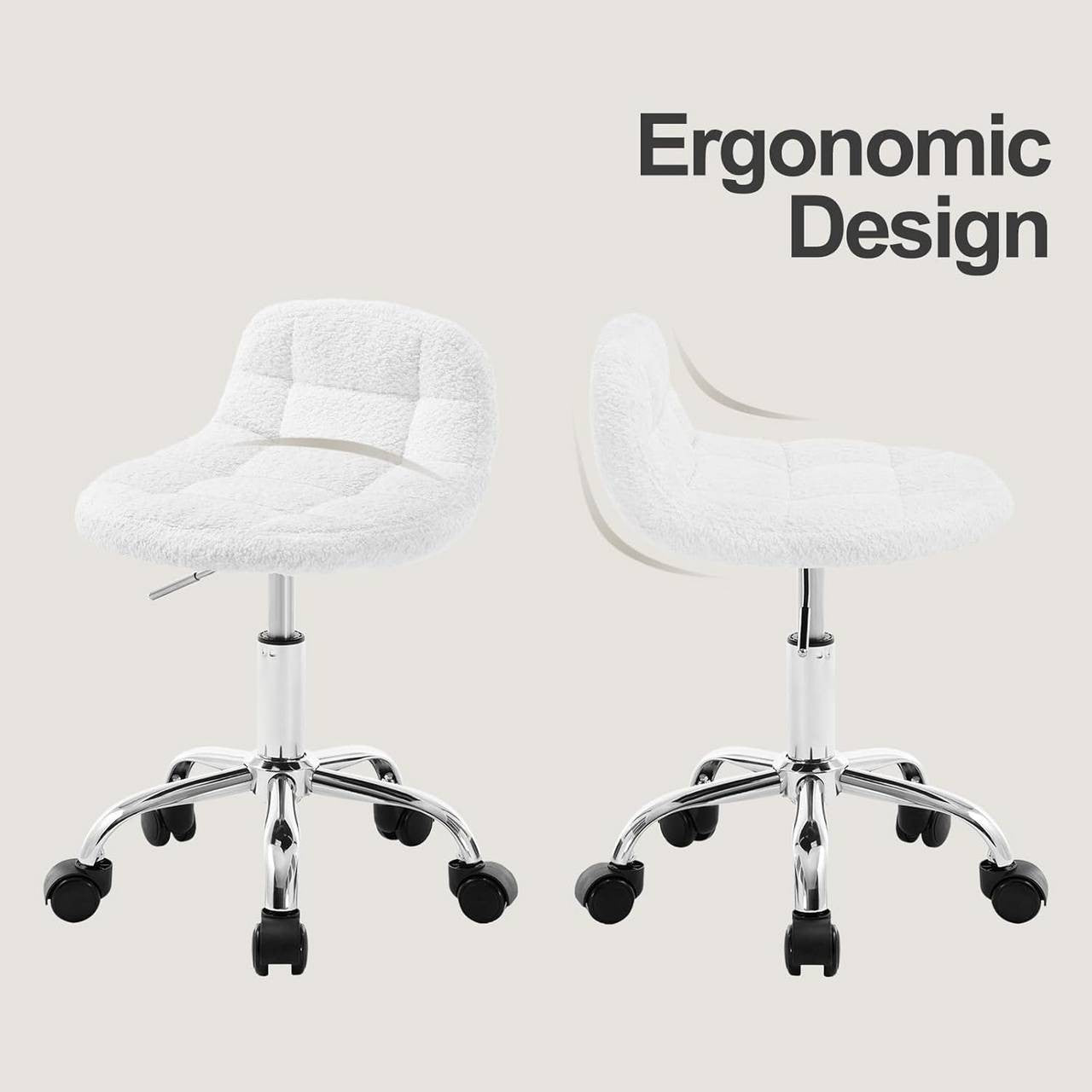 24goodz Adjustable Office Stool with Wheels - Stylish & Comfortable - Ergonomic Design - Chenille - White