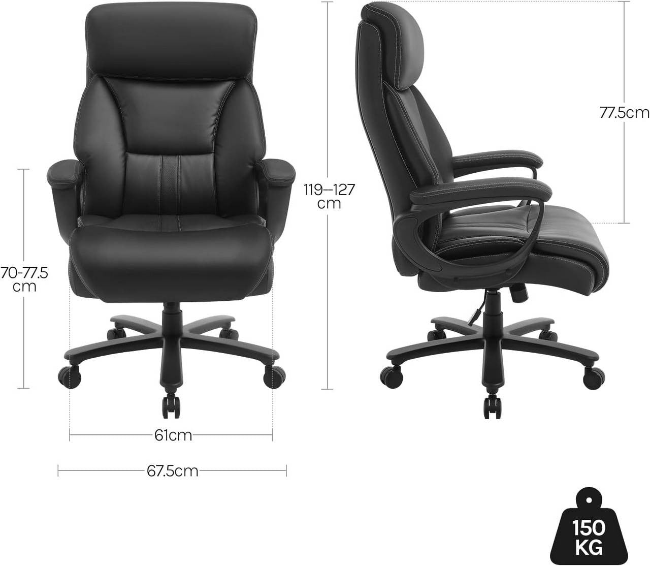 24goodz Ergonomic Office Chair - Exceptional Comfort - Durable PU Material - 150 kg Capacity - Black - Dimensions: 72 x (119-127) x 86 cm