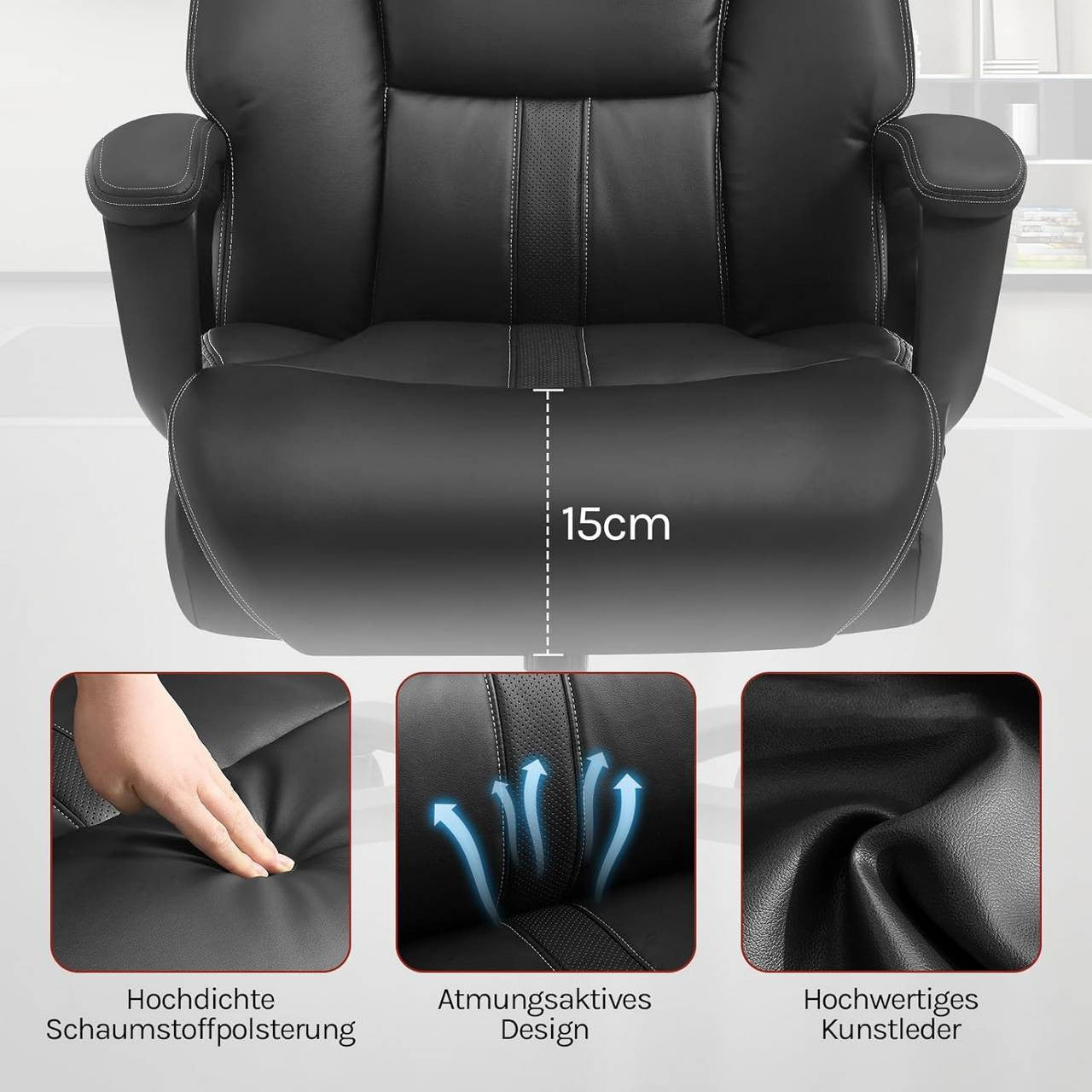 24goodz Ergonomic Office Chair - Exceptional Comfort - Durable PU Material - 150 kg Capacity - Black - Dimensions: 72 x (119-127) x 86 cm