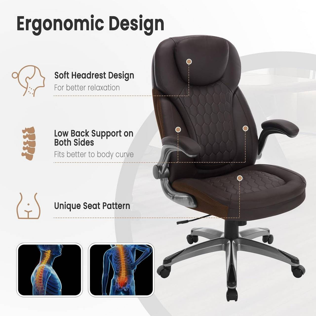 24goodz Ergonomic Executive Chair with Headrest - Ultimate Comfort - Adjustable Height - PU Leather - For Home Office - Black/Brown