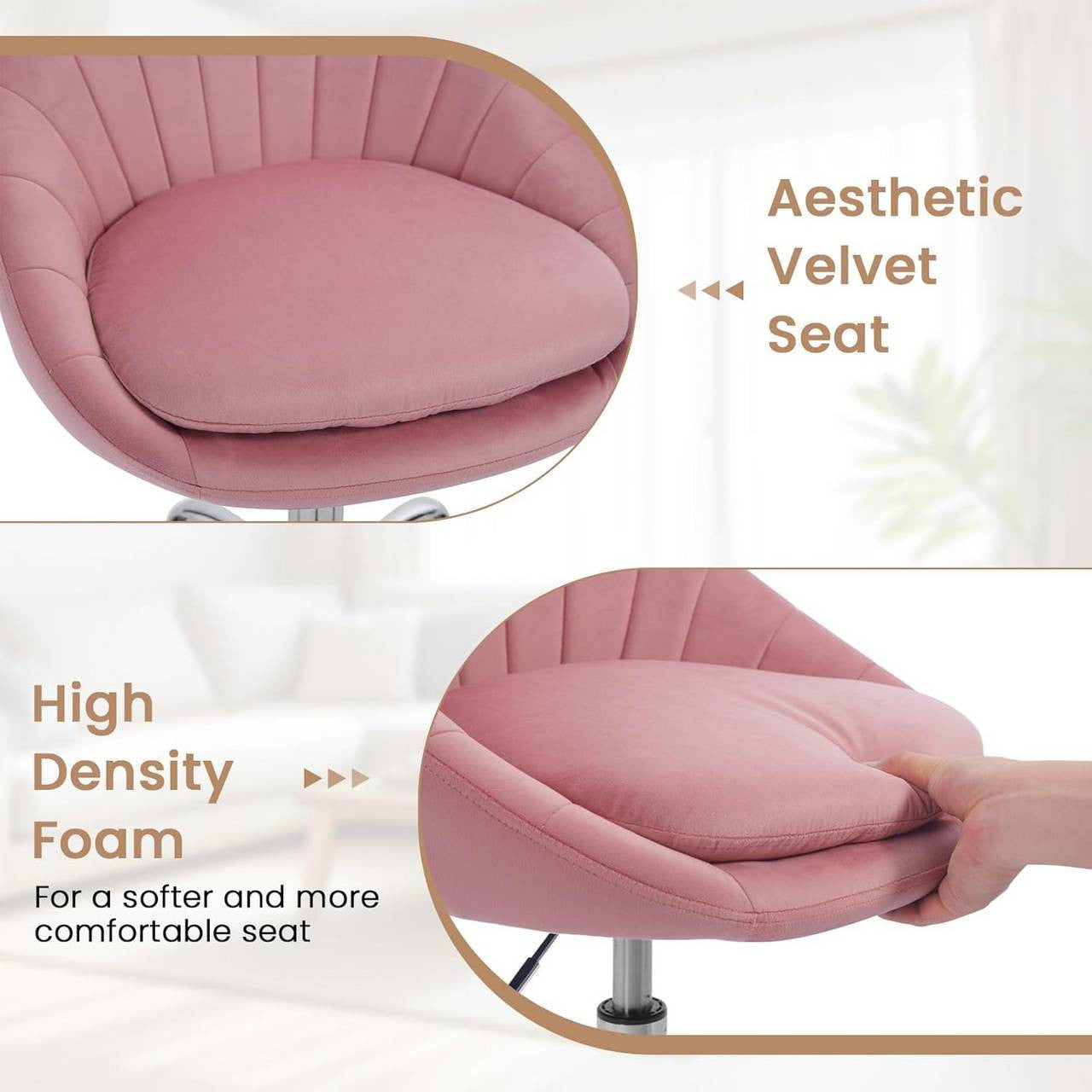 24goodz Ergonomic Office Chair - Stylish Design - Comfortable Double Padding - Velvet - For Home Office - Pink