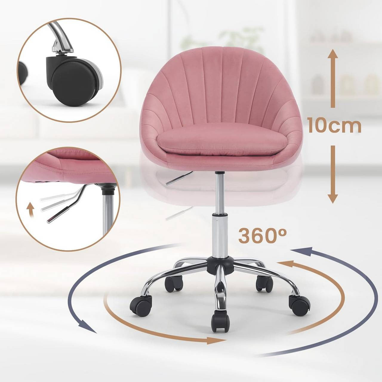24goodz Ergonomic Office Chair - Stylish Design - Comfortable Double Padding - Velvet - For Home Office - Pink
