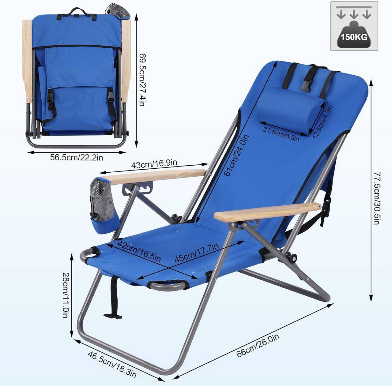 24goodz Folding Camping Chair - 4 Adjustable Reclining Positions - Durable 600D Oxford Fabric - For Outdoor Enthusiasts - Blue