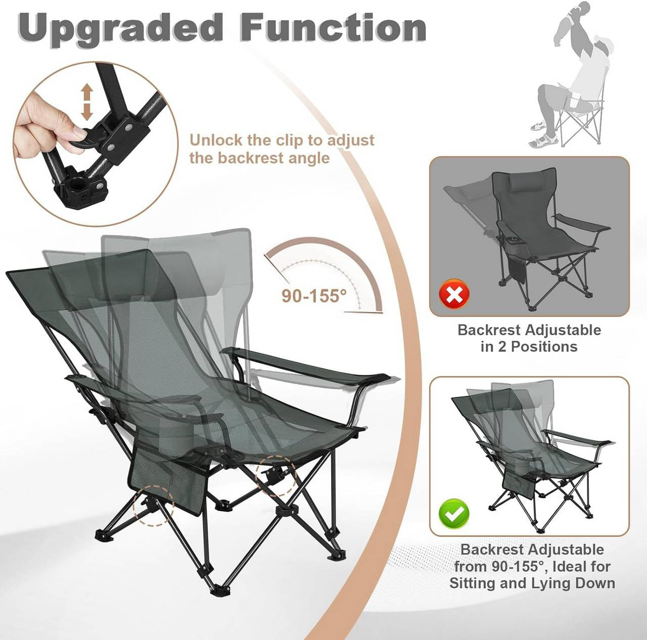 24goodz Foldable Camping Chair - Adjustable Reclining Backrest - Lightweight and Portable - Oxford Fabric - For Outdoor Enthusiasts - Grey