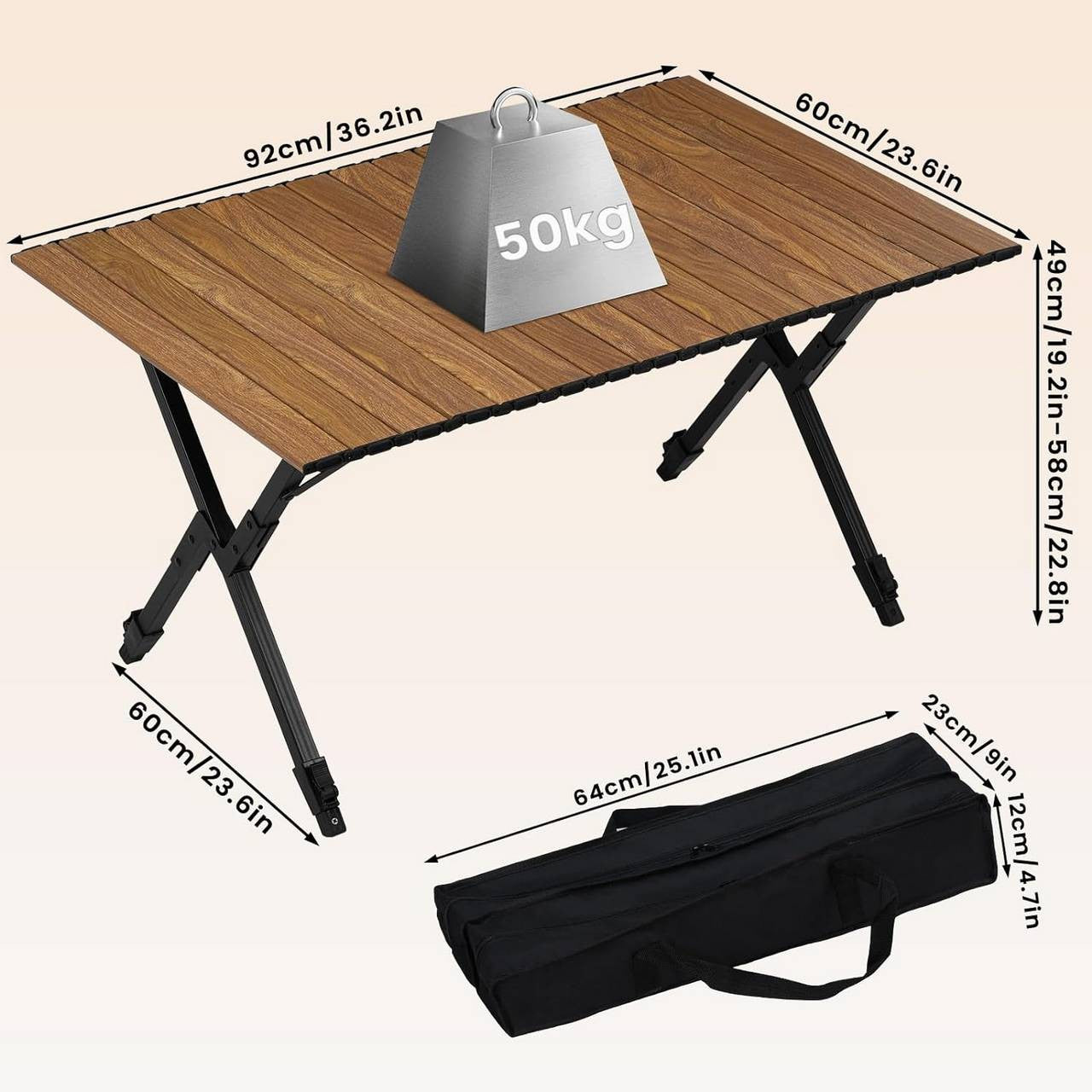 24goodz Folding Camping Table - Height Adjustable - Lightweight and Portable - Aluminium Alloy - Outdoor Enthusiasts - Wood Look