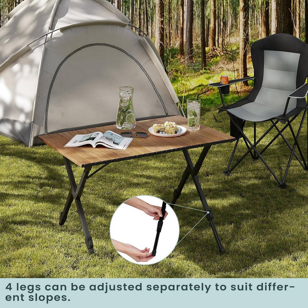 24goodz Folding Camping Table - Height Adjustable - Lightweight and Portable - Aluminium Alloy - Outdoor Enthusiasts - Wood Look