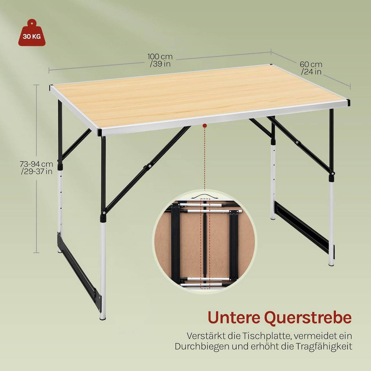 24goodz Adjustable Folding Camping Table - Versatile Height Settings - Aluminium Alloy - For Indoor and Outdoor Use - Light Oak