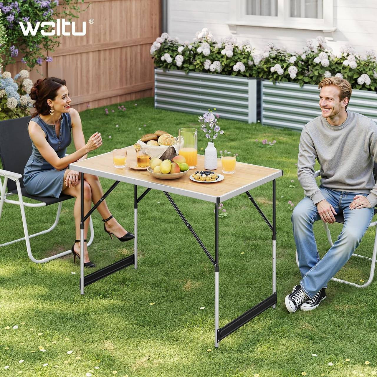 24goodz Adjustable Folding Camping Table - Versatile Height Settings - Aluminium Alloy - For Indoor and Outdoor Use - Light Oak