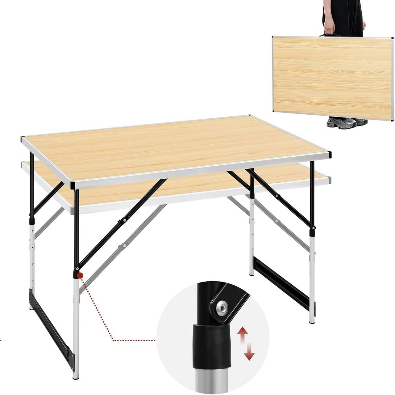 24goodz Adjustable Folding Camping Table - Versatile Height Settings - Aluminium Alloy - For Indoor and Outdoor Use - Light Oak