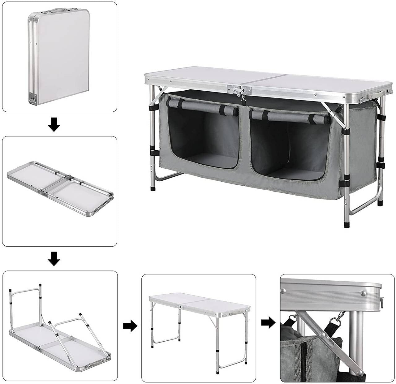 24goodz Adjustable Camping Table with Storage - Portable and Easy to Clean - Aluminium Alloy and MDF - For Outdoor Enthusiasts - White + Grey - wgr
