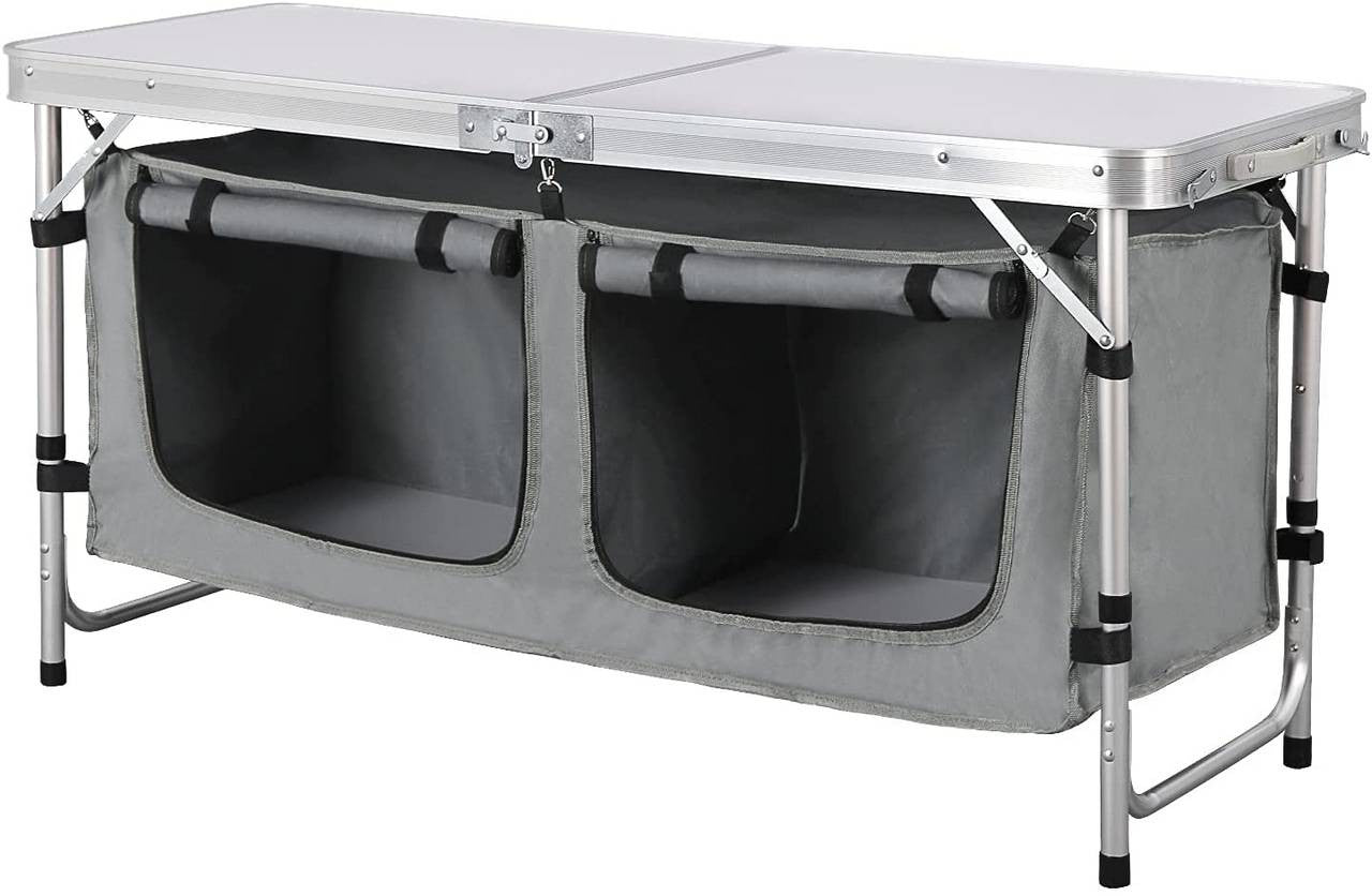 24goodz Adjustable Camping Table with Storage - Portable and Easy to Clean - Aluminium Alloy and MDF - For Outdoor Enthusiasts - White + Grey - wgr