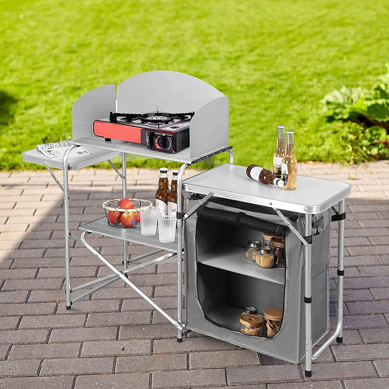24goodz Foldable Camping Kitchen with Carry Bag - Durable Aluminium Frame - Easy to Transport - MDF - For Outdoor Enthusiasts - White/Gray - wgr