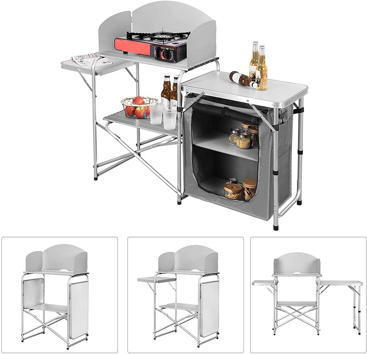 24goodz Foldable Camping Kitchen with Carry Bag - Durable Aluminium Frame - Easy to Transport - MDF - For Outdoor Enthusiasts - White/Gray - wgr