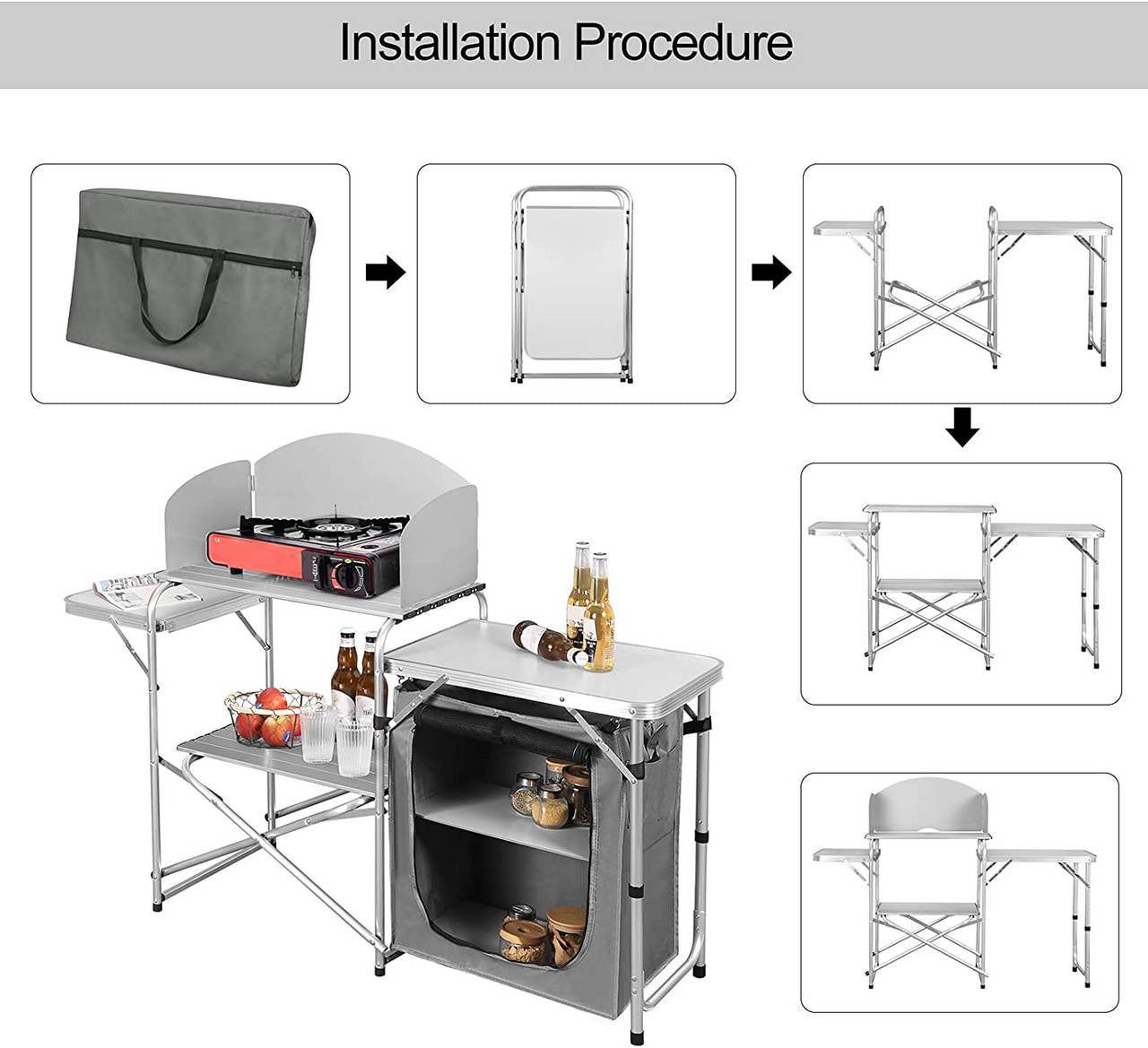 24goodz Foldable Camping Kitchen with Carry Bag - Durable Aluminium Frame - Easy to Transport - MDF - For Outdoor Enthusiasts - White/Gray - wgr