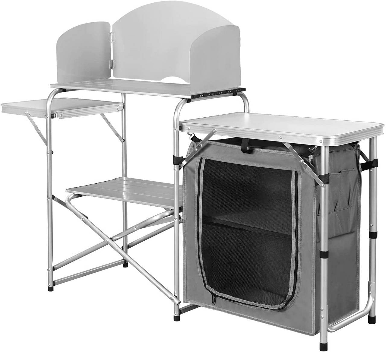 24goodz Foldable Camping Kitchen with Carry Bag - Durable Aluminium Frame - Easy to Transport - MDF - For Outdoor Enthusiasts - White/Gray - wgr