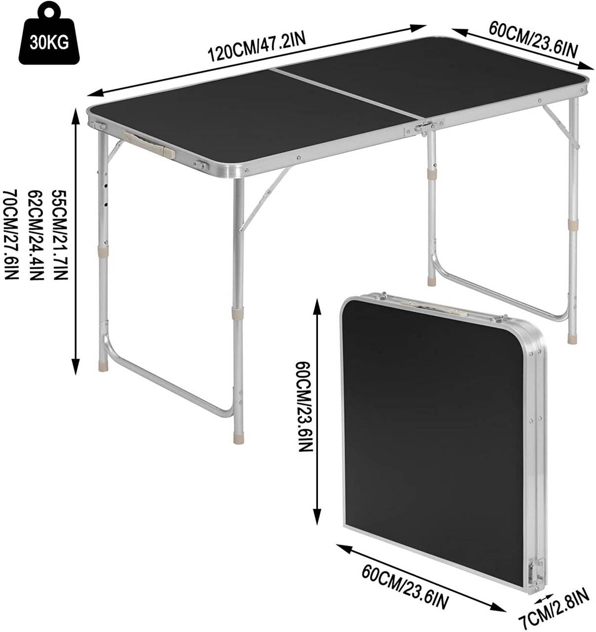 24goodz Folding Camping Table - Adjustable Height - Lightweight and Portable - MDF and Aluminum Alloy - For Adults and Children - Black - sz