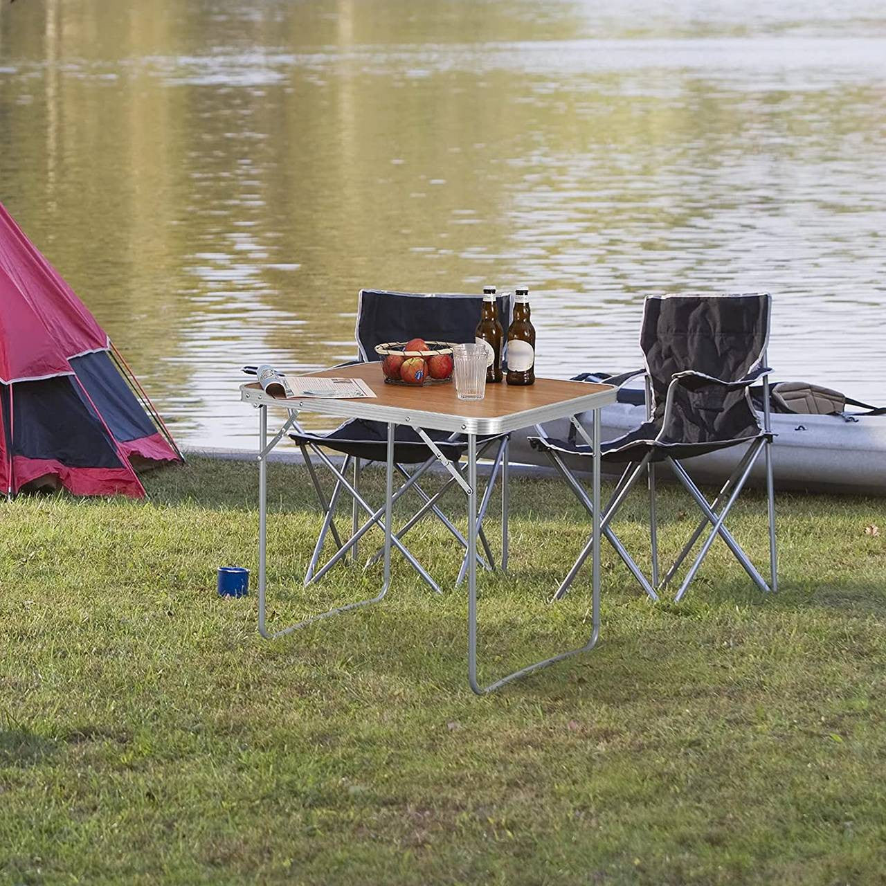 24goodz Folding Camping Table - Lightweight and Portable - Aluminium and MDF - For Outdoor Enthusiasts - Oak