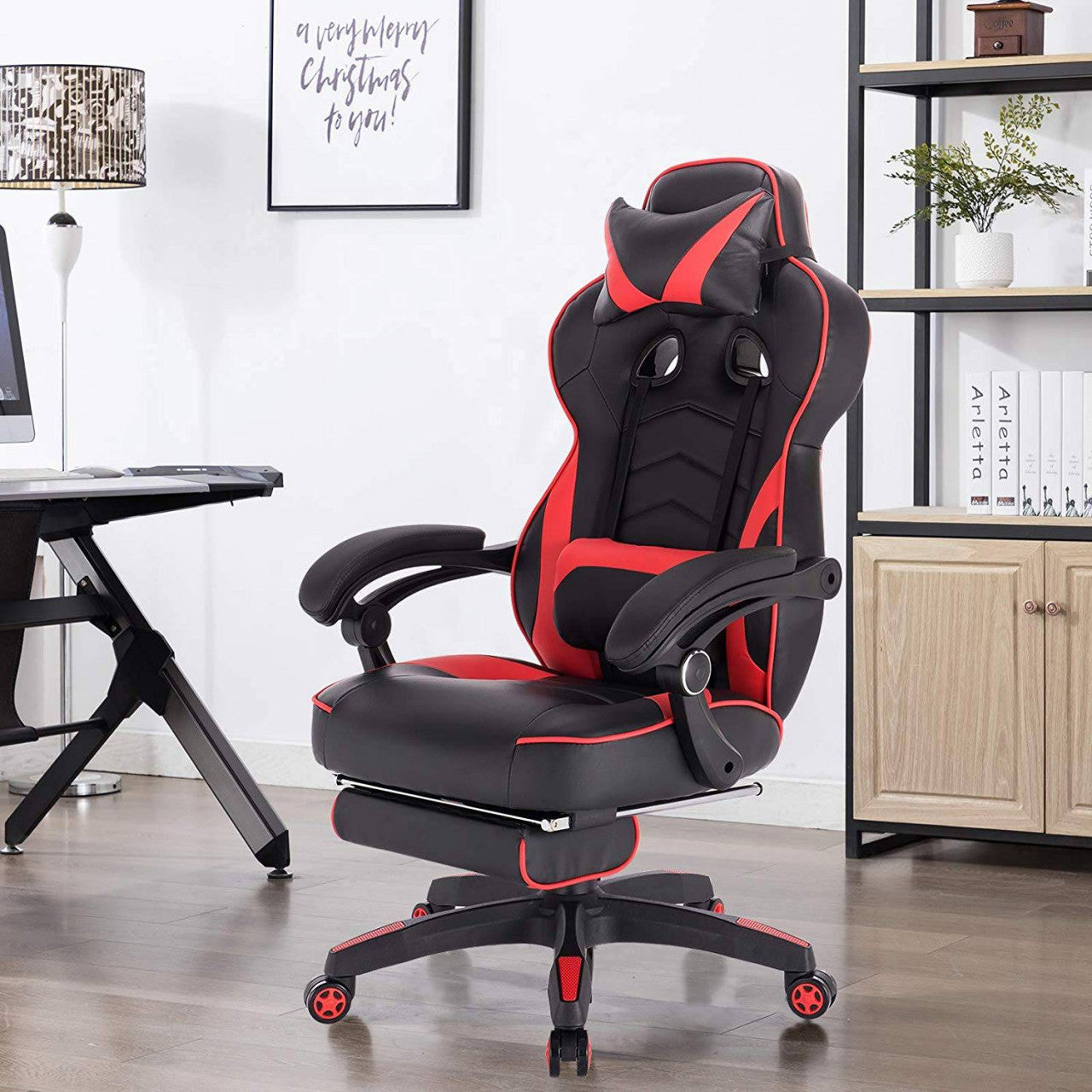 24goodz Gaming Chair with Headrest, Lumbar Support and Footrest - Ergonomic Design - Durable Materials - Black + Red