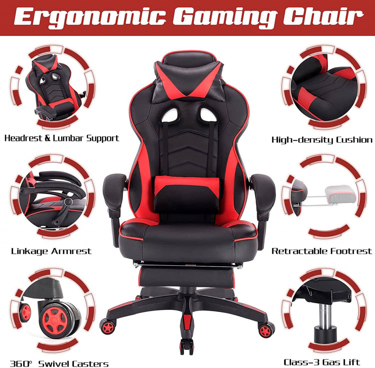 24goodz Gaming Chair with Headrest, Lumbar Support and Footrest - Ergonomic Design - Durable Materials - Black + Red