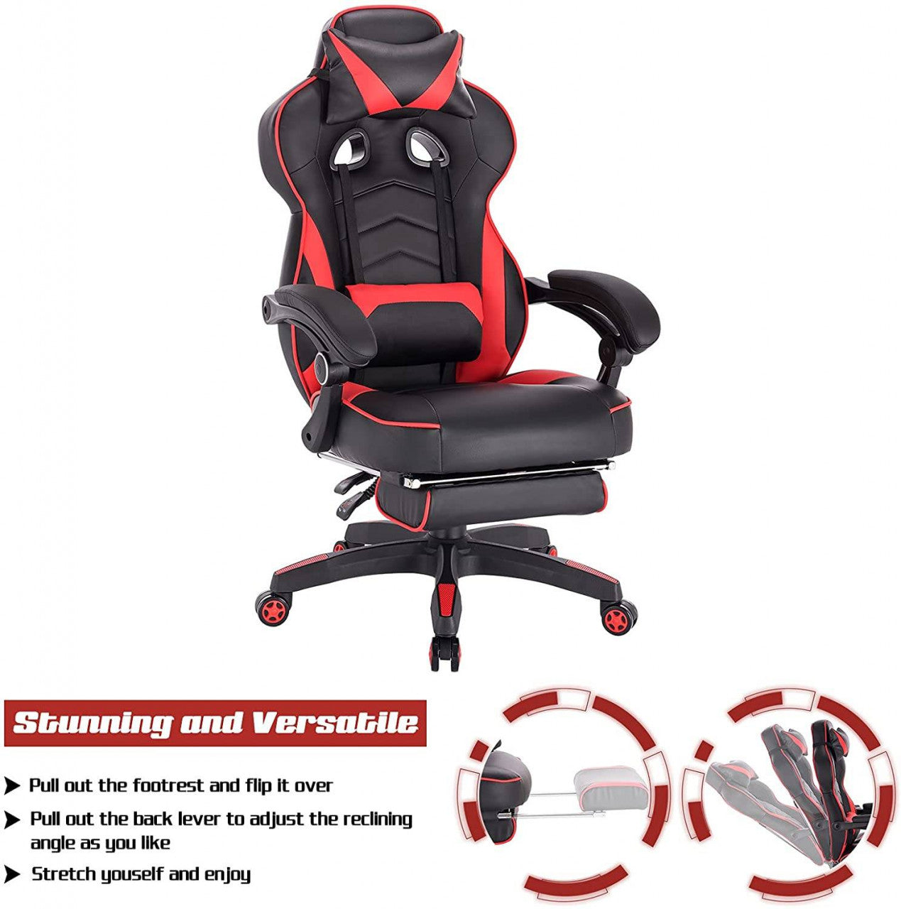 24goodz Gaming Chair with Headrest, Lumbar Support and Footrest - Ergonomic Design - Durable Materials - Black + Red