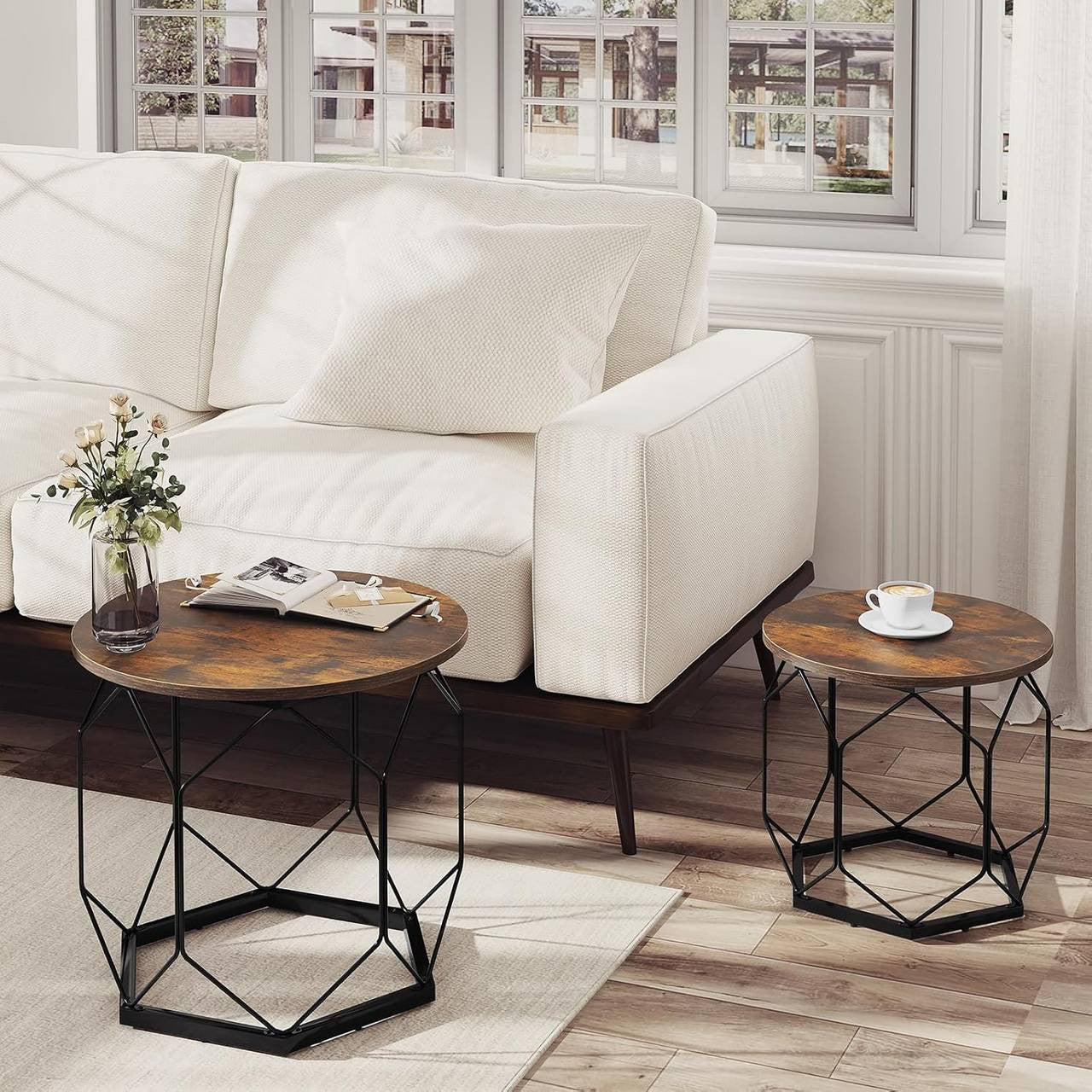 24goodz Set of 2 Coffee Tables - Stylish and Functional - E1 Wood and Metal - For Living Room Lovers - Rustic Brown