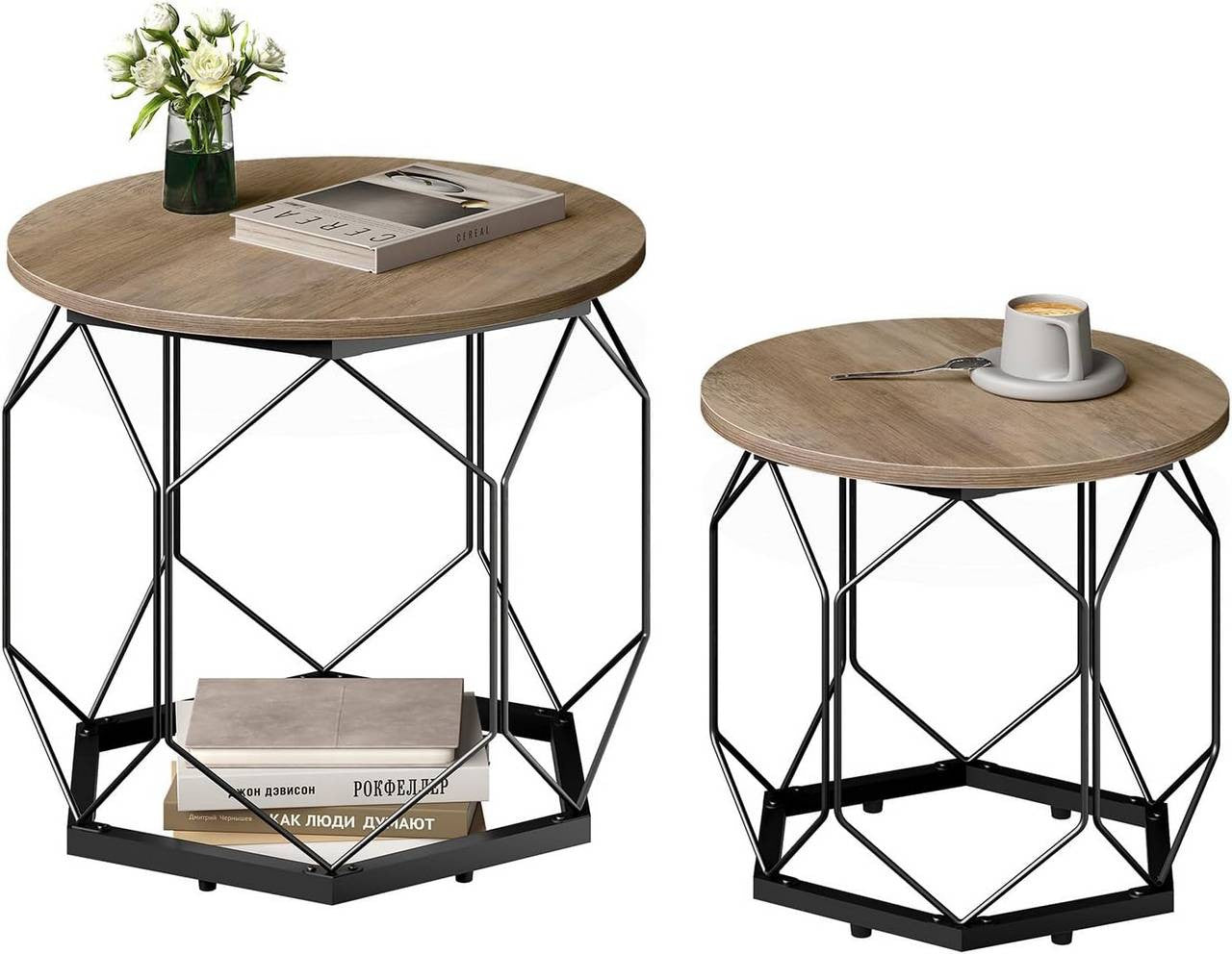 24goodz Set of 2 Coffee Tables - Stylish and Versatile Design - E1 Wood and Metal - Grey Wood Look - 50 x 45 cm / 40 x 36 cm