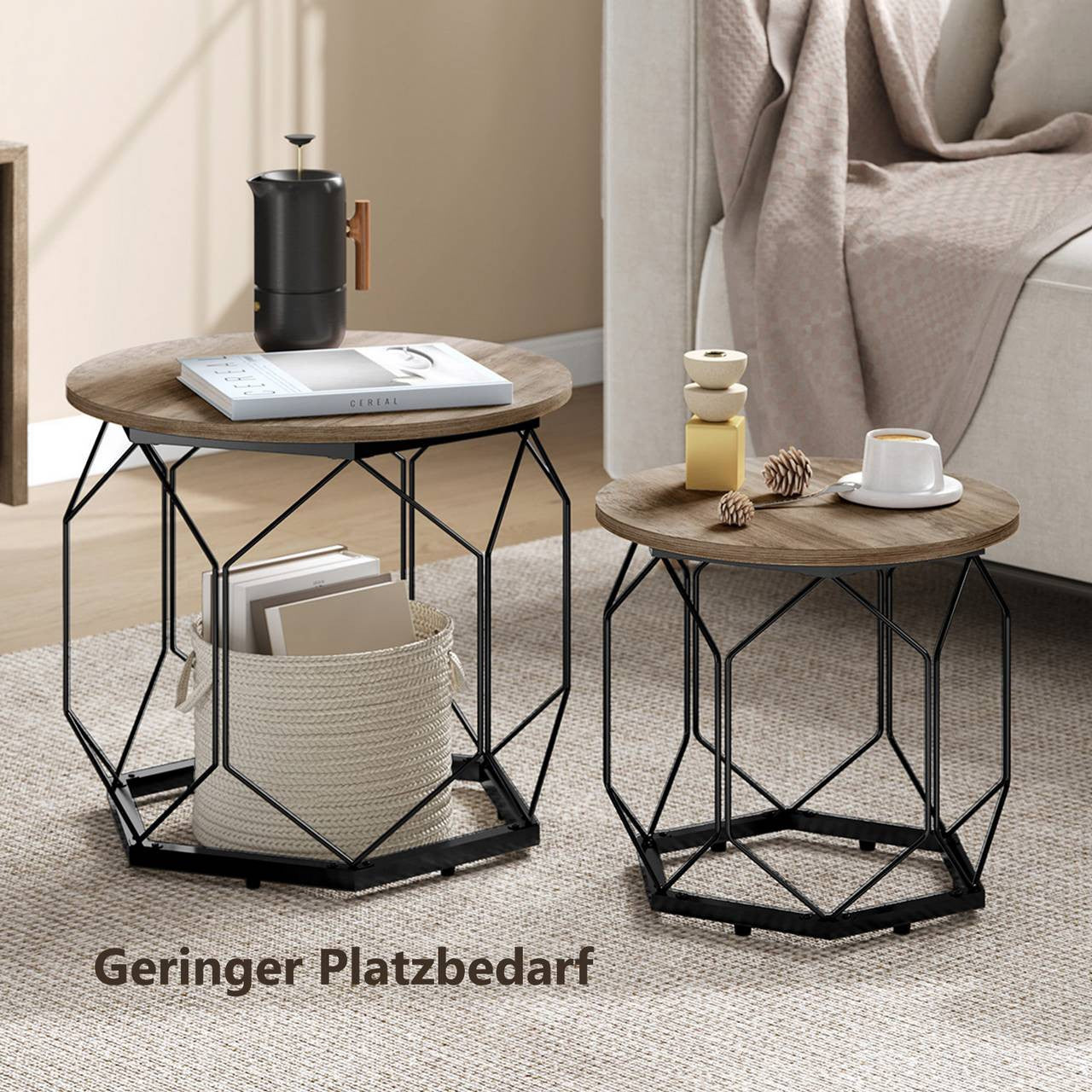 24goodz Set of 2 Coffee Tables - Stylish and Versatile Design - E1 Wood and Metal - Grey Wood Look - 50 x 45 cm / 40 x 36 cm