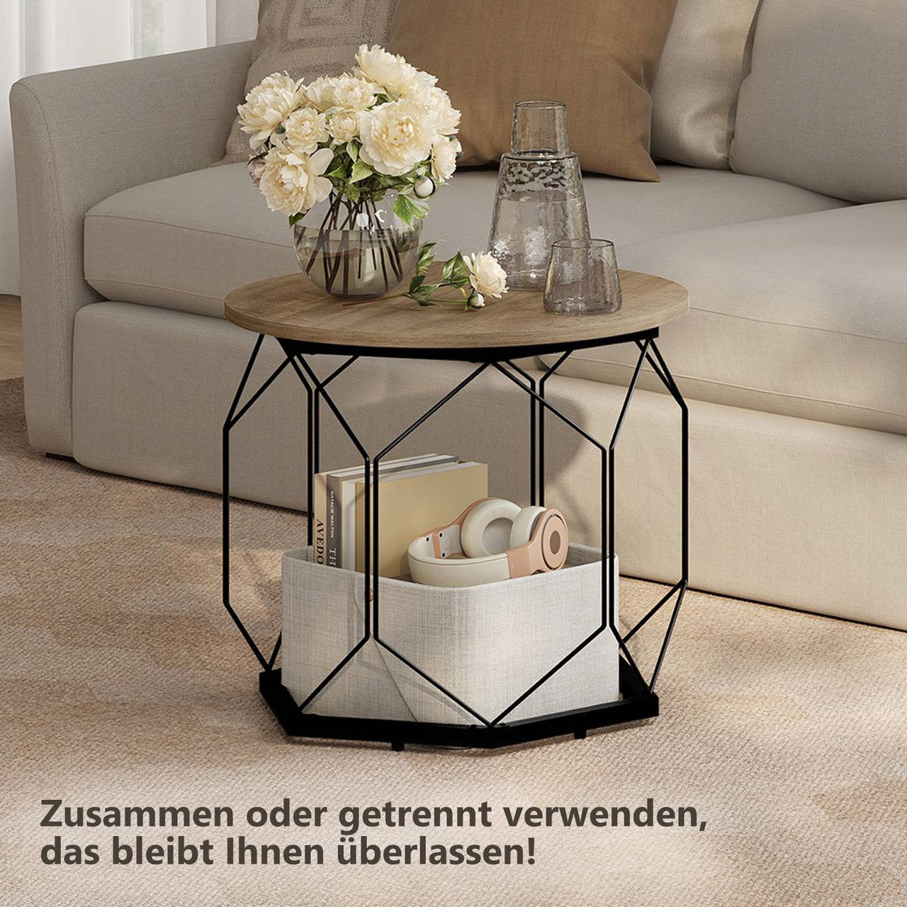 24goodz Set of 2 Coffee Tables - Stylish and Versatile Design - E1 Wood and Metal - Grey Wood Look - 50 x 45 cm / 40 x 36 cm