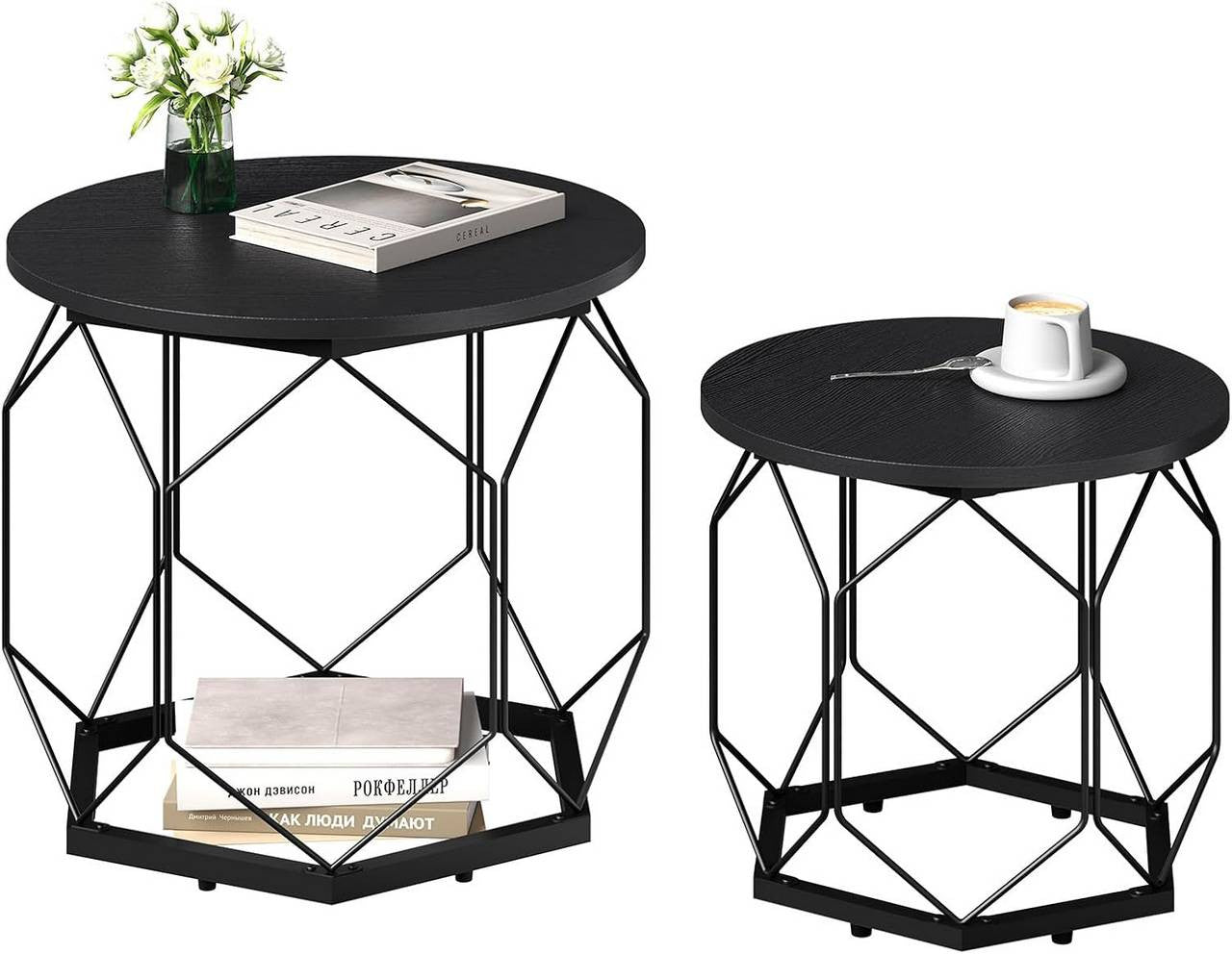24goodz Set of 2 Coffee Tables - Stylish and Functional - E1 Wood and Metal - For Living Room Lovers - Black Wood Look